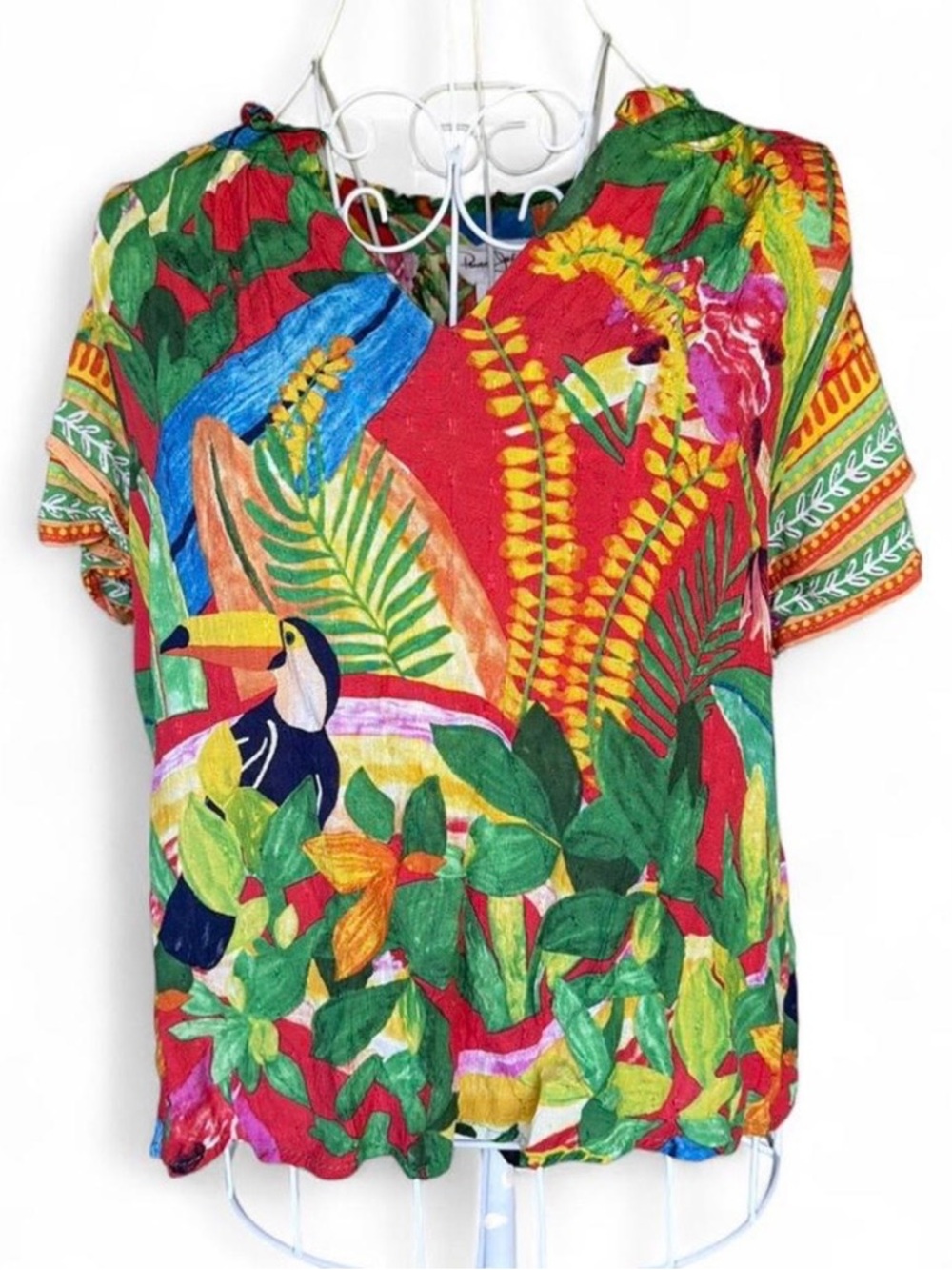Panama Jack Tropical Toucan Print V-Neck Blouse with Ruffle Sleeves